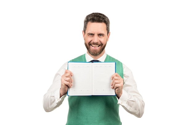 Happy man show open book page boss ready to examine business report isolated on white