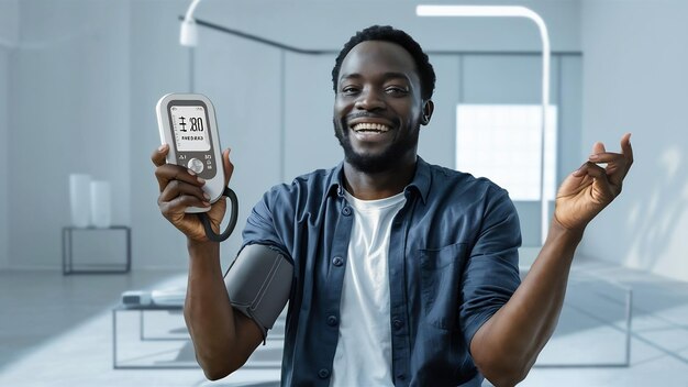 Photo happy man showing results of blood pressure on electric tonometer