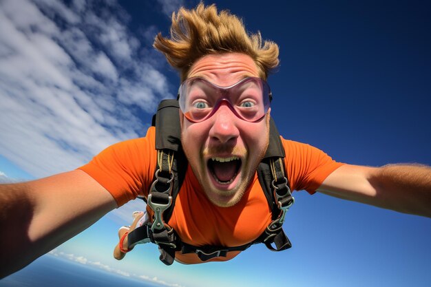 Foto uomo felice paracadutista nel cielo