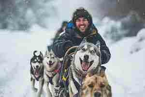 Photo happy man sledding in sled of dogs