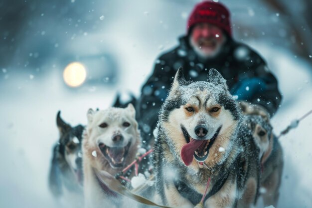 Photo happy man sledding in sled of dogs