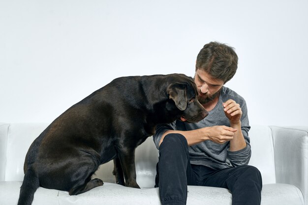 Happy man on sofa with his dog, isolation and quarantine with\
dog at home