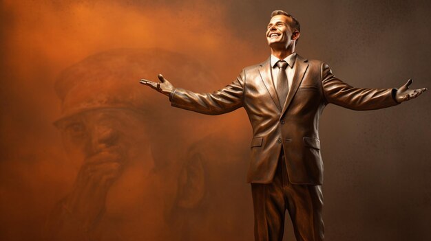 Happy man standing on bronze background