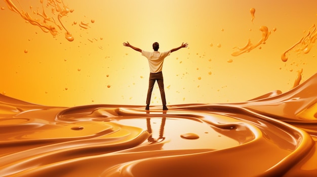 Happy man standing on caramel background