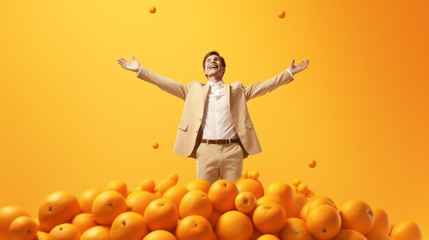 Happy man standing on tangerine background