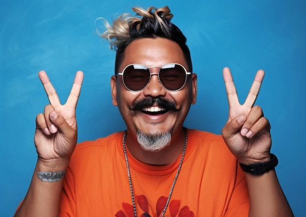 Happy Man in sunglasses Doing the Peace Sign