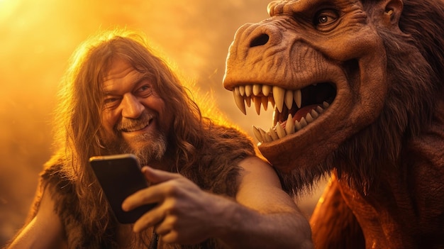 Happy man taking selfie with tyrannosaurus rex