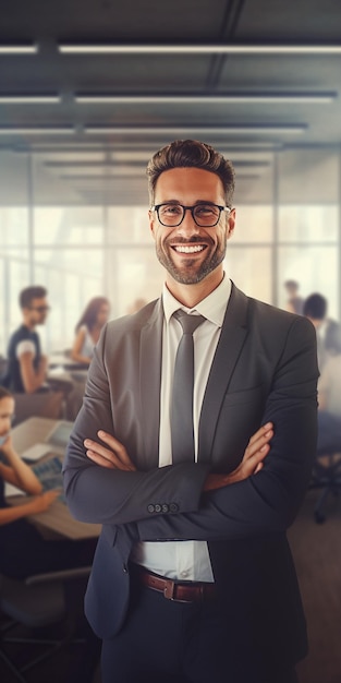 happy man talking with his colleagues in bright clean office