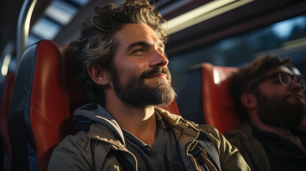 Happy man traveling by bus