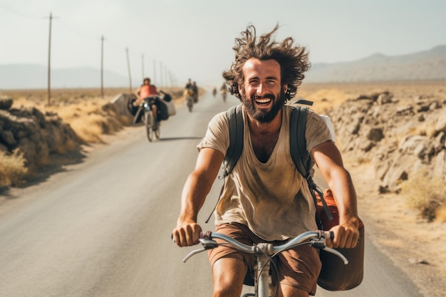 幸せな男が自転車で旅する生成AI