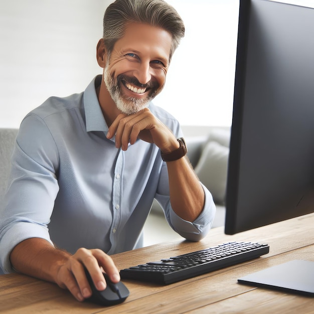 happy man using computer isolated on white background