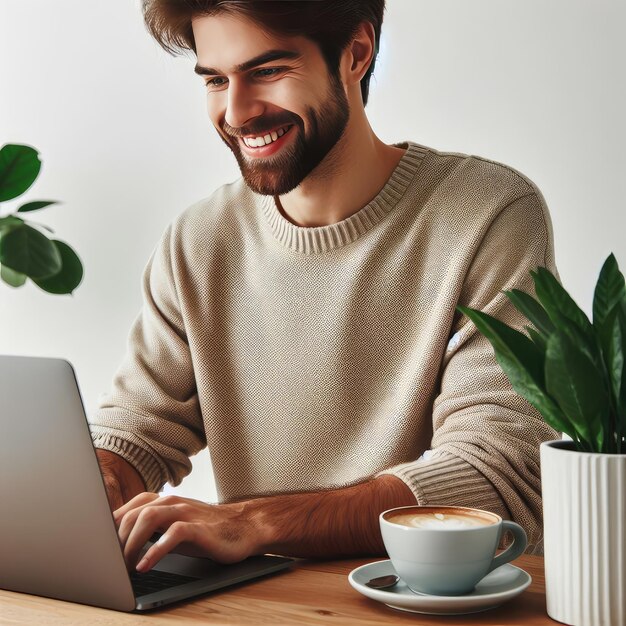 happy man using computer isolated on white background