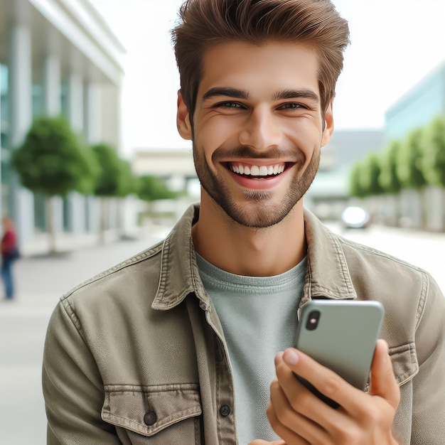 Photo happy man using a mobile phone isolated on white background