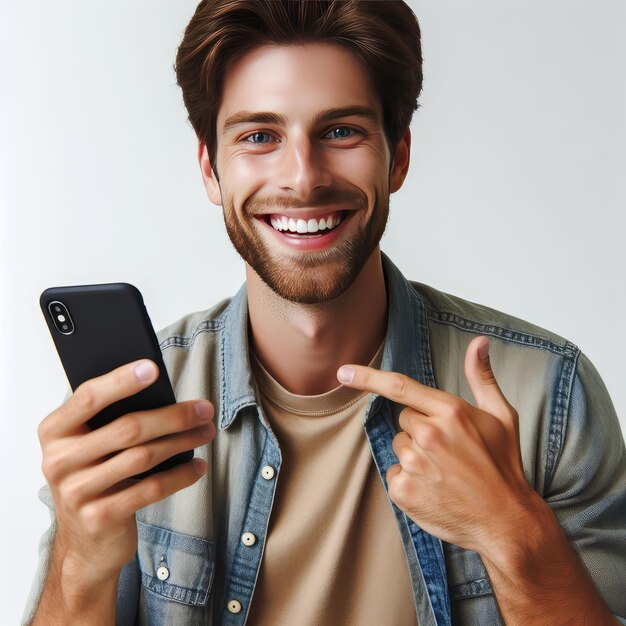 happy man using a mobile phone isolated on white background