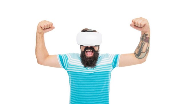 Happy man in virtual reality on background photo of man in virtual reality glasses