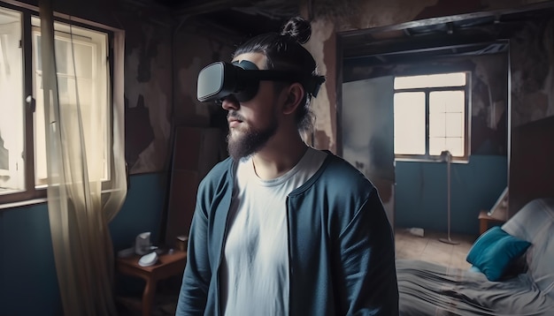Счастливый человек в очках виртуальной реальности в трущобах и беспорядке убегает от концепции виртуальной жизни реальности