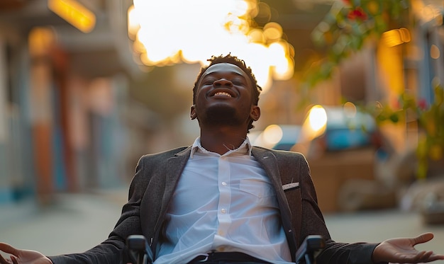 A happy man in a wheelchair Praise the Lord Happiness and independence despite disability