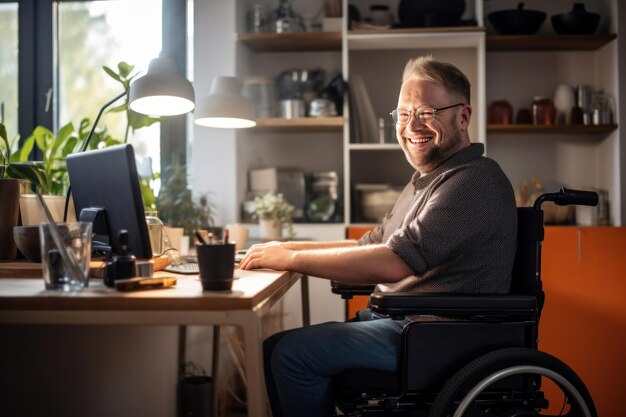 Photo a happy man in a wheelchair works from his home office