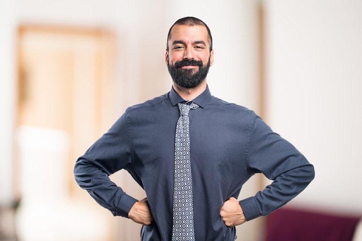 Photo happy man over white on unfocused background