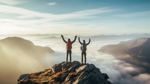 Happy man with arms up jumping on the top of the mountain Successful hiker celebrating success on the cliff