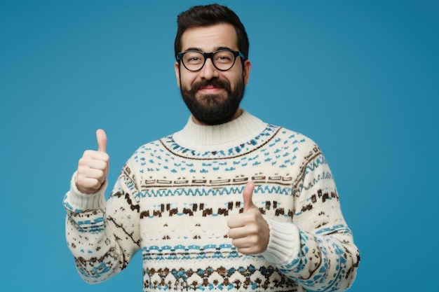 Фото Счастливый человек с бородой и очками показывает успех