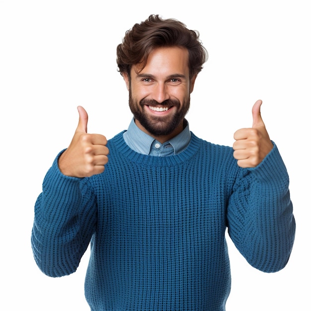 Foto un uomo felice con la barba che fa il bene e dà il pollice in alto indossando un maglione blu isolato su un bianco