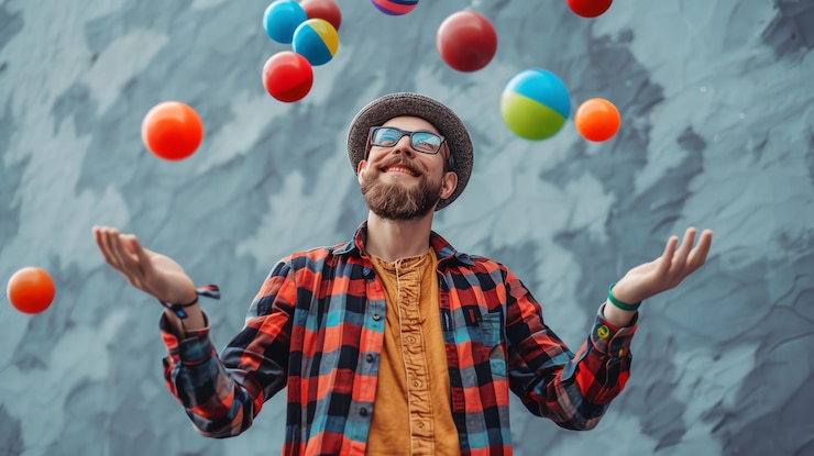Photo a happy man with a beard is juggling colorful balls against a blue background