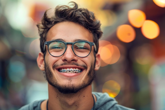 happy man with braces dentist treatment concept