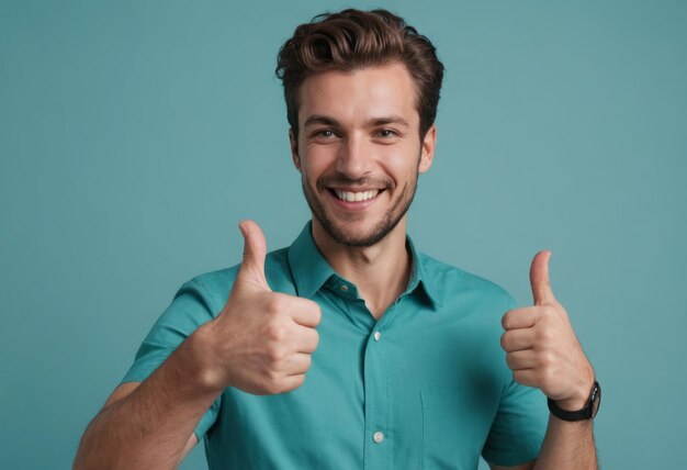 A happy man with a bright smile gives two thumbsup in a teal shirt radiating joy and positivity