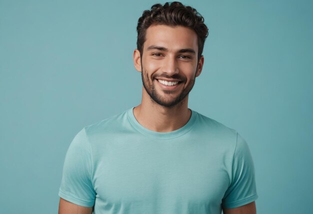 A happy man with a bright smile wearing a teal tshirt exudes a friendly vibe