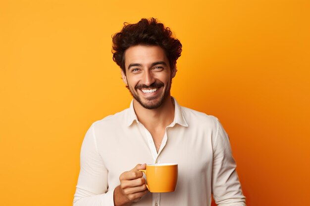 Happy man with cup of coffee on orange background