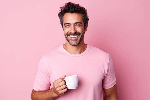 Happy man with cup of coffee on pink background