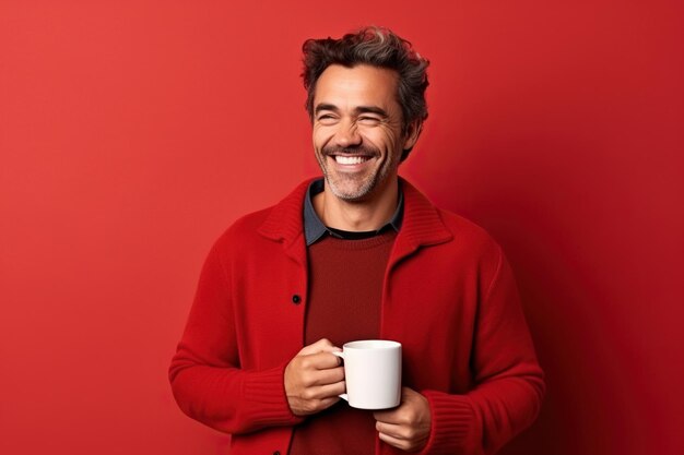 Happy man with cup of coffee on red background