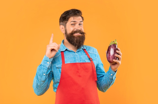 Happy man with eggplant in apron got idea keeping finger raised yellow background shopkeeper