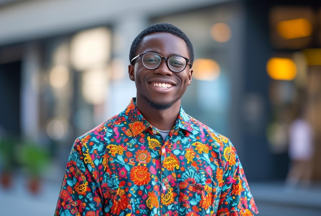 Photo a happy man with glasses in a colorful shirt standing outside