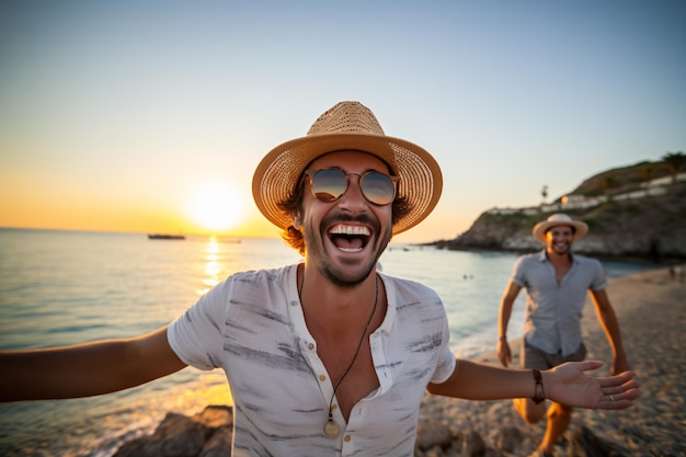 Happy man with hat and sunglasses taking selfie picture with smartphone at the beach