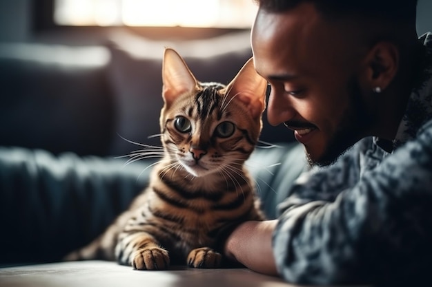 興味 を 抱く ベンガル の 子猫 と 幸せ な 男