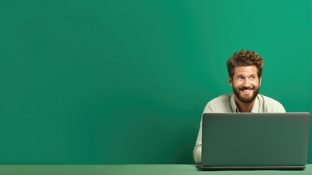 コピー スペースを持つコンピューター分離緑の背景を保持しているラップトップの若い教師と幸せな男