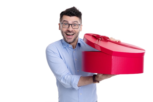 Happy man with love valentine gift isolated on white man with love valentine gift in studio