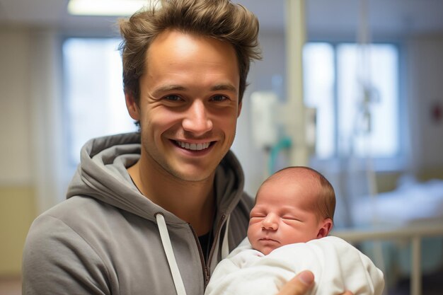 Photo happy man with newborn on a maternity hospital background