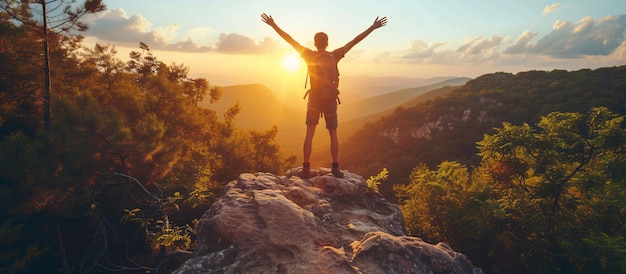 Photo happy man with open arms in the mountains hiker with backpack concept of success and sport