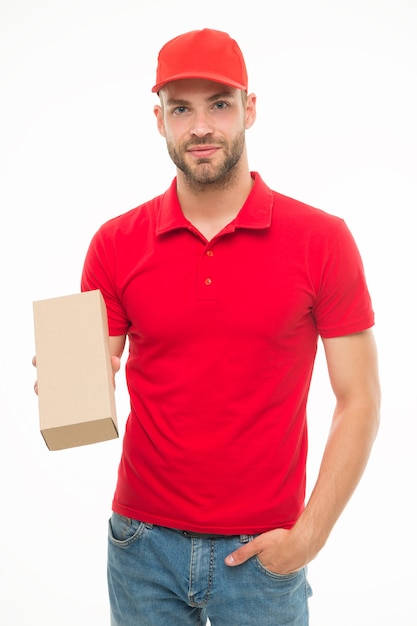 Happy man with post package isolated white. Delivering your purchase. Gifts for holidays. Courier service delivery. Salesman and courier career. Courier and delivery service. Postman delivery worker.