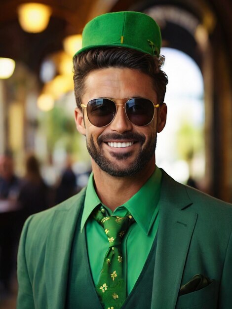 Happy man with St patricks dress and sunglasses smiling on St patricks day