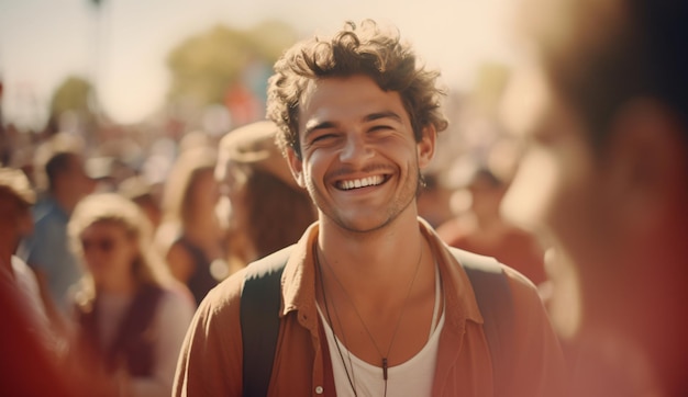 a happy man with sunglasses stands in front of a crowd of people at a music festival