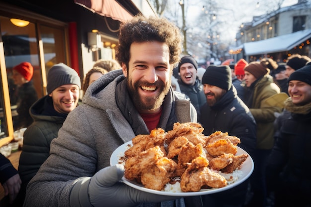 Photo happy man with take out hot fried chicken a large group of friends in winter generative ai