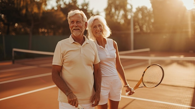 a happy man and woman 50 60 year old playing tennis