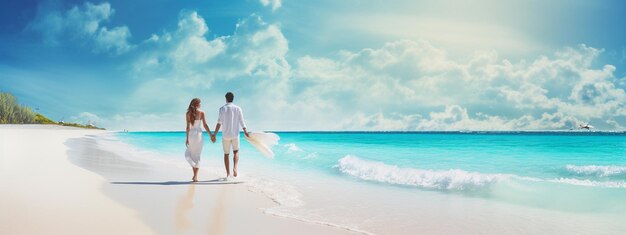 Photo happy man and woman couple walking and holding hands on the beach at sunsetgenerative ai