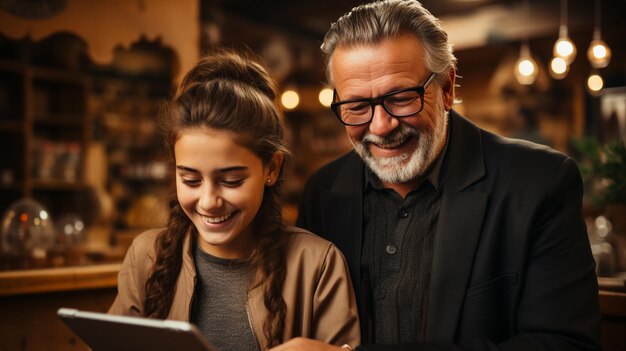 happy man and woman looking at tablet