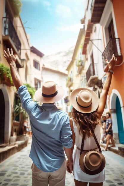 Foto uomo e donna felici vista posteriore mani in alto turisti viaggiatori