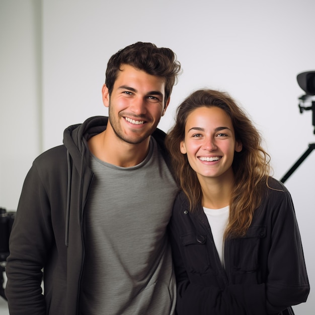 Happy man and woman in studio